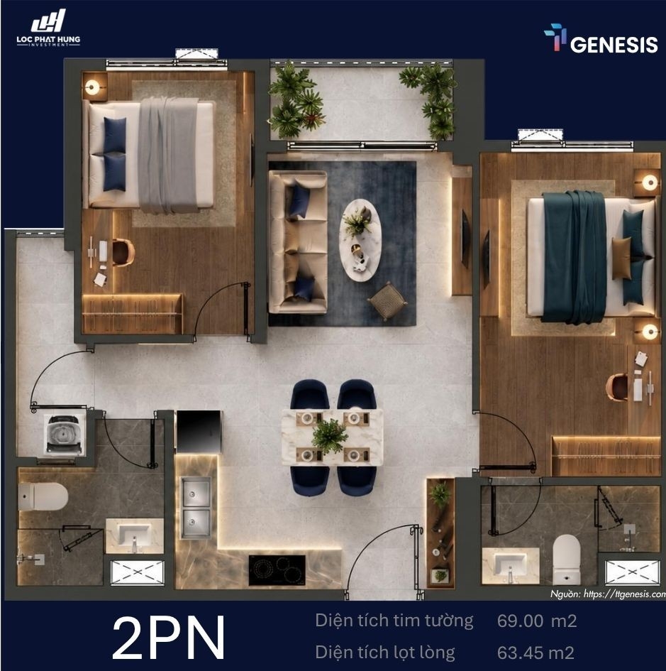 Layout thiết kế chi tiết các loại căn hộ từ 1 phòng ngủ đến 3 phòng ngủ tại dự án TT Genesis