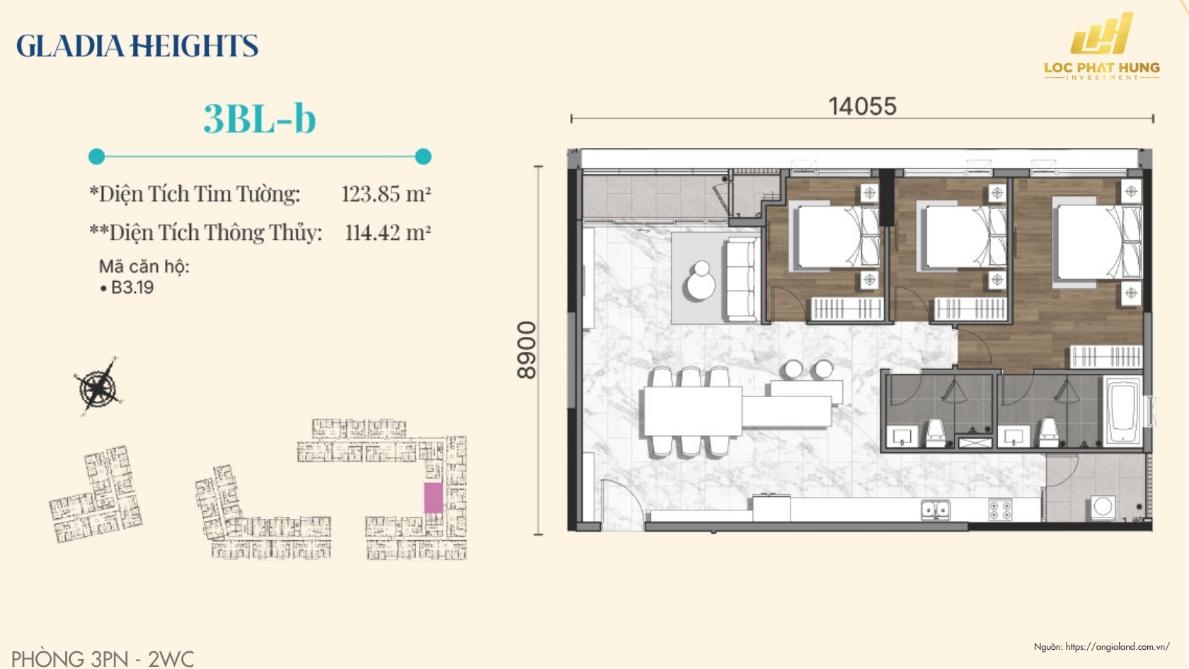 Mặt Bằng Căn 3PN - 2WC Căn Hộ Chung Cư Gladia Heights Phường Bình Trưng 
