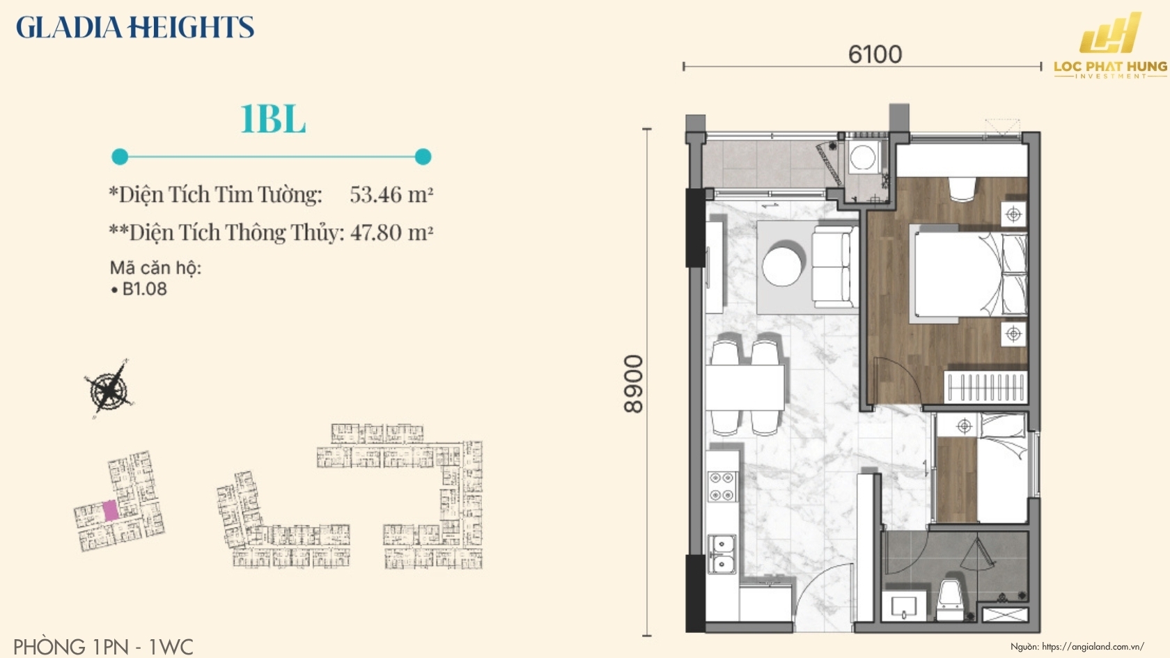 Mặt Bằng Căn 1PN - 1WC Căn Hộ Chung Cư Gladia Heights Phường Bình Trưng 