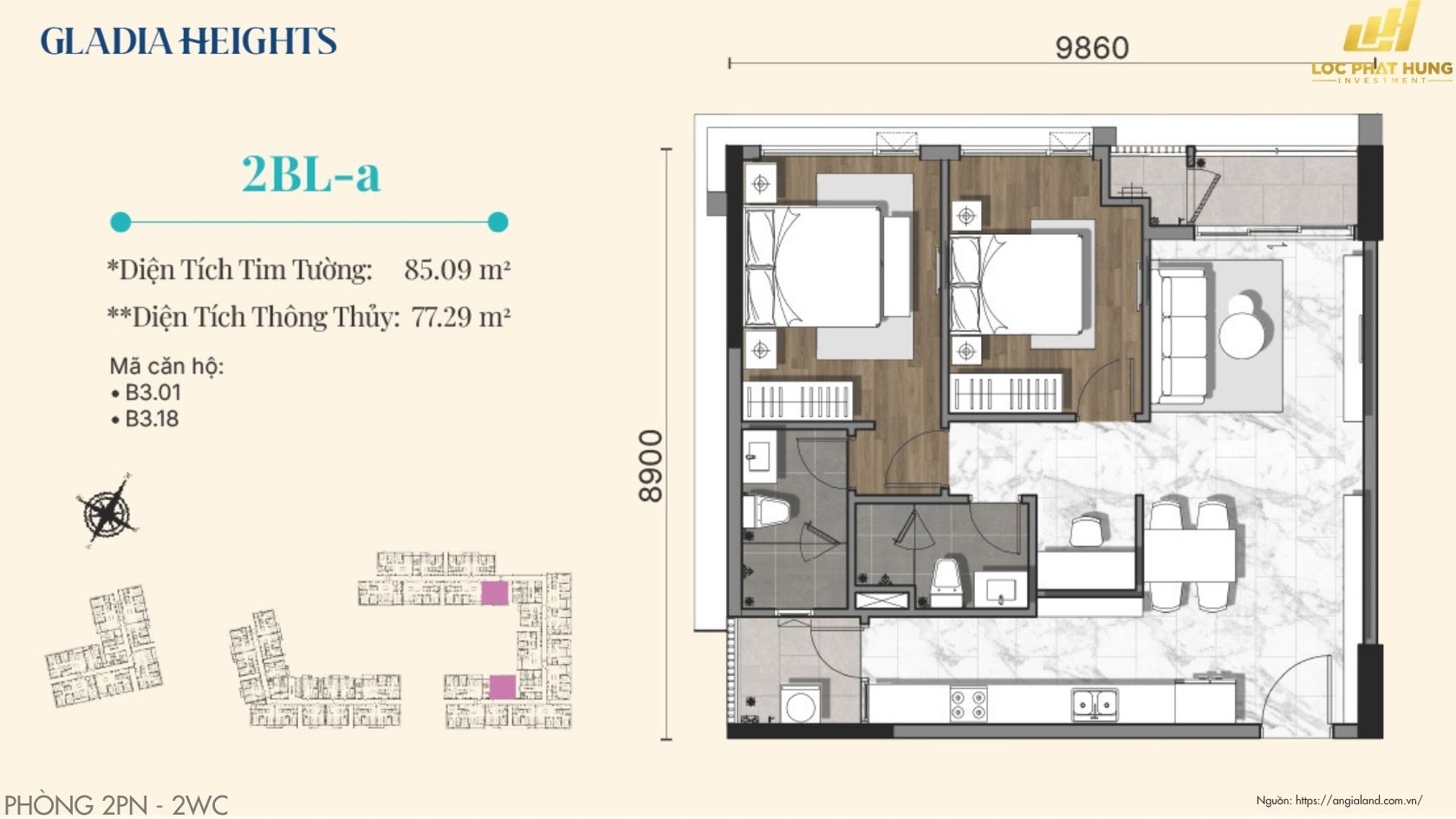 Thiết Kế Căn Hộ 2 Phòng Ngủ Chung Cư Gladia Heights Phường Bình Trưng