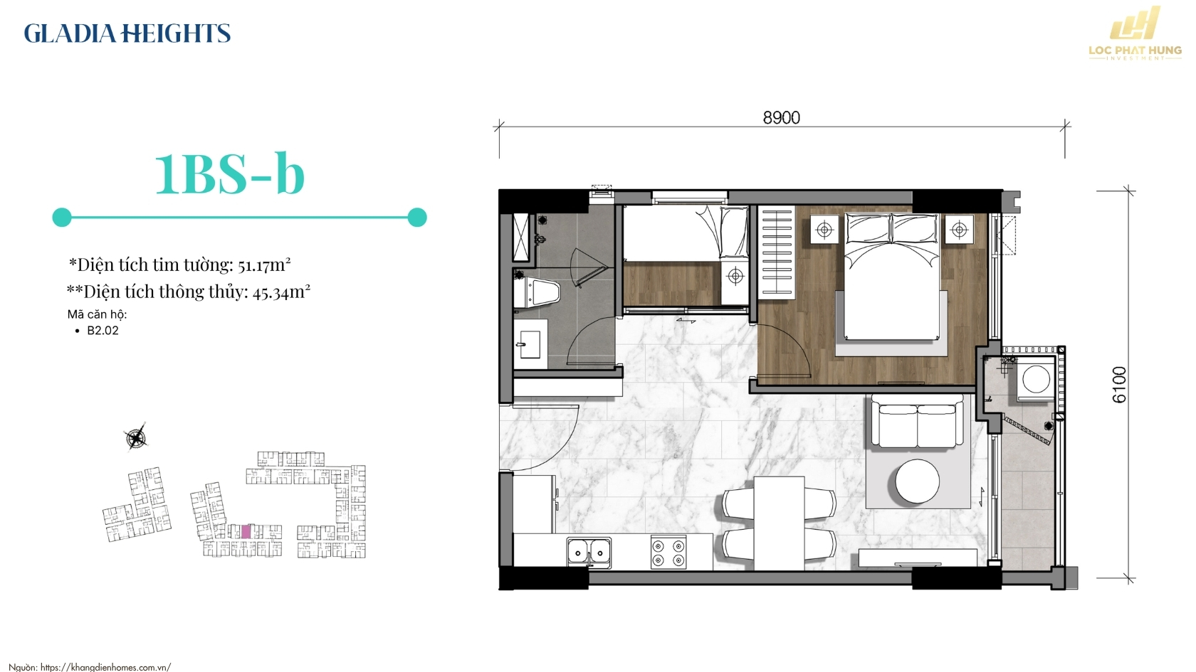 Thiết kế chi tiết căn hộ 1 phòng ngủ dự án Gladia Heights P.Bình Trưng