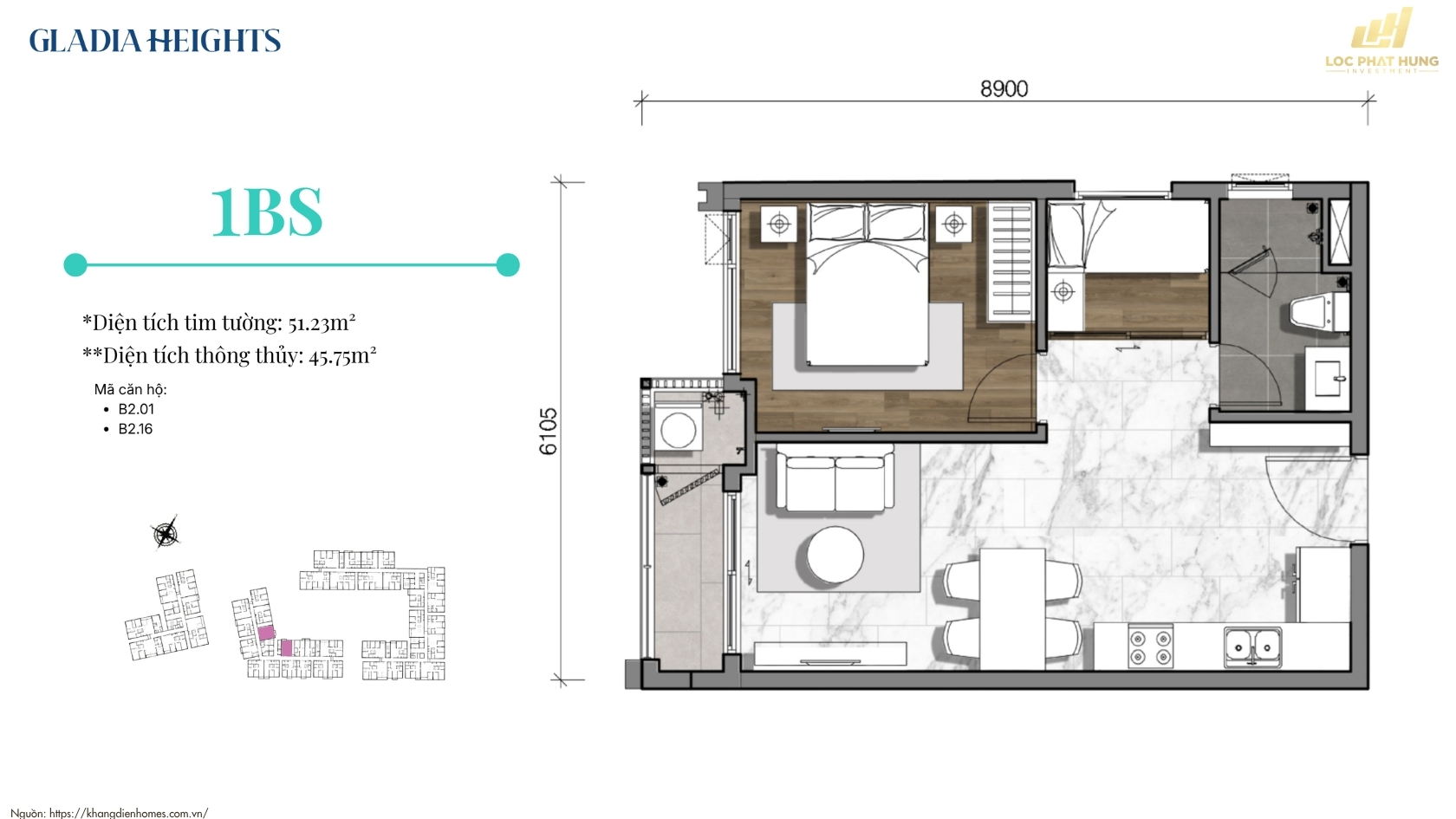 Thiết kế chi tiết căn hộ 1 phòng ngủ dự án Gladia Heights P.Bình Trưng