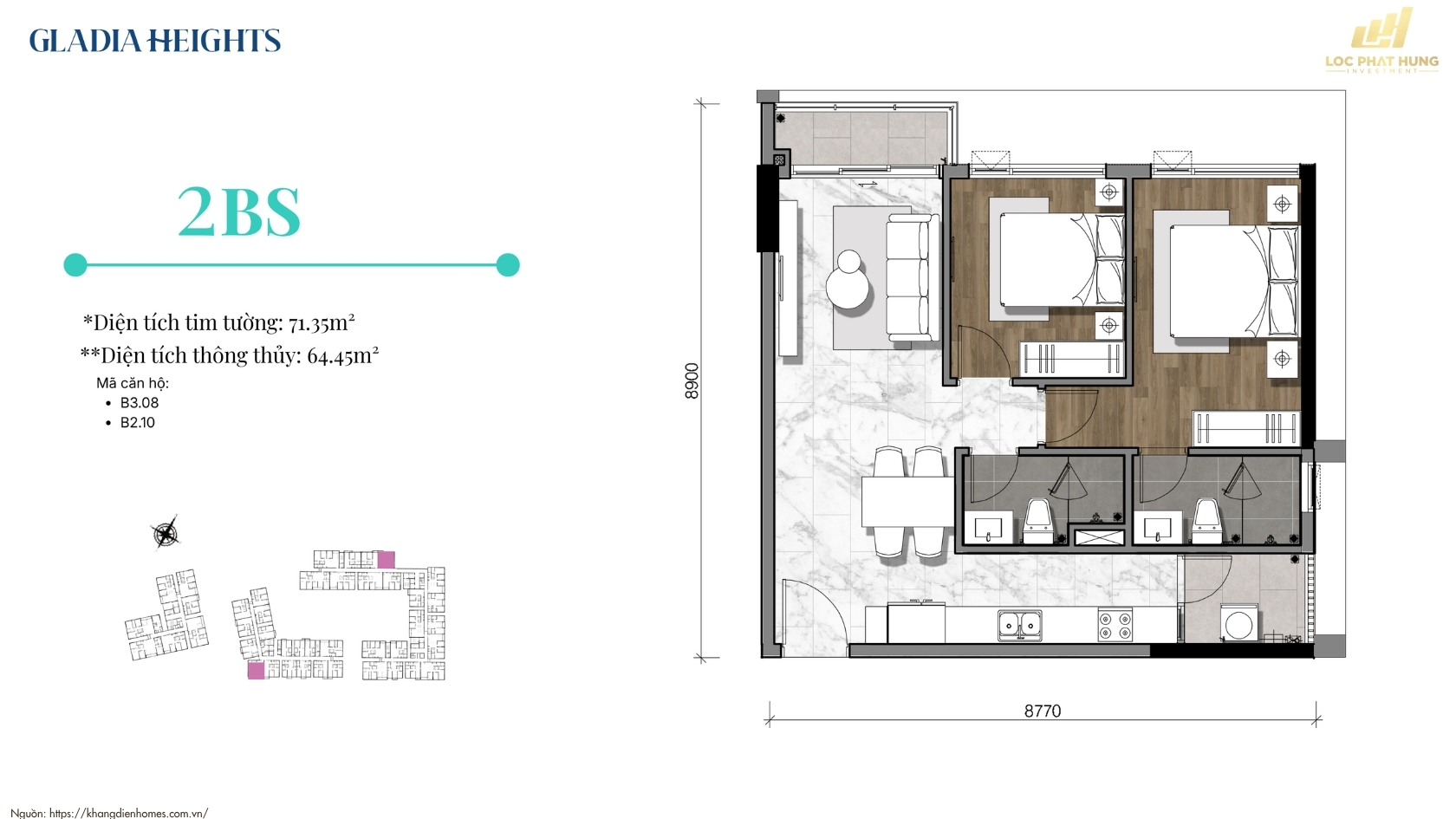 Thiết kế chi tiết căn hộ 2 phòng ngủ dự án Gladia Heights P.Bình Trưng