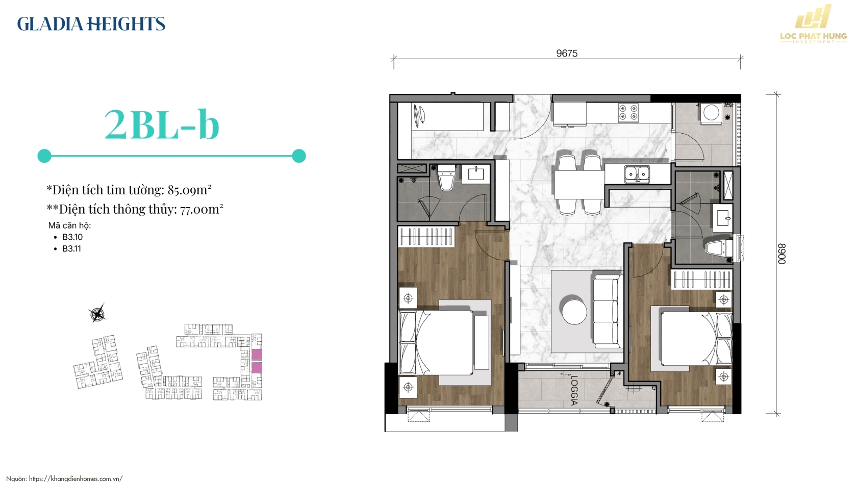 Thiết kế chi tiết căn hộ 2 phòng ngủ dự án Gladia Heights P.Bình Trưng