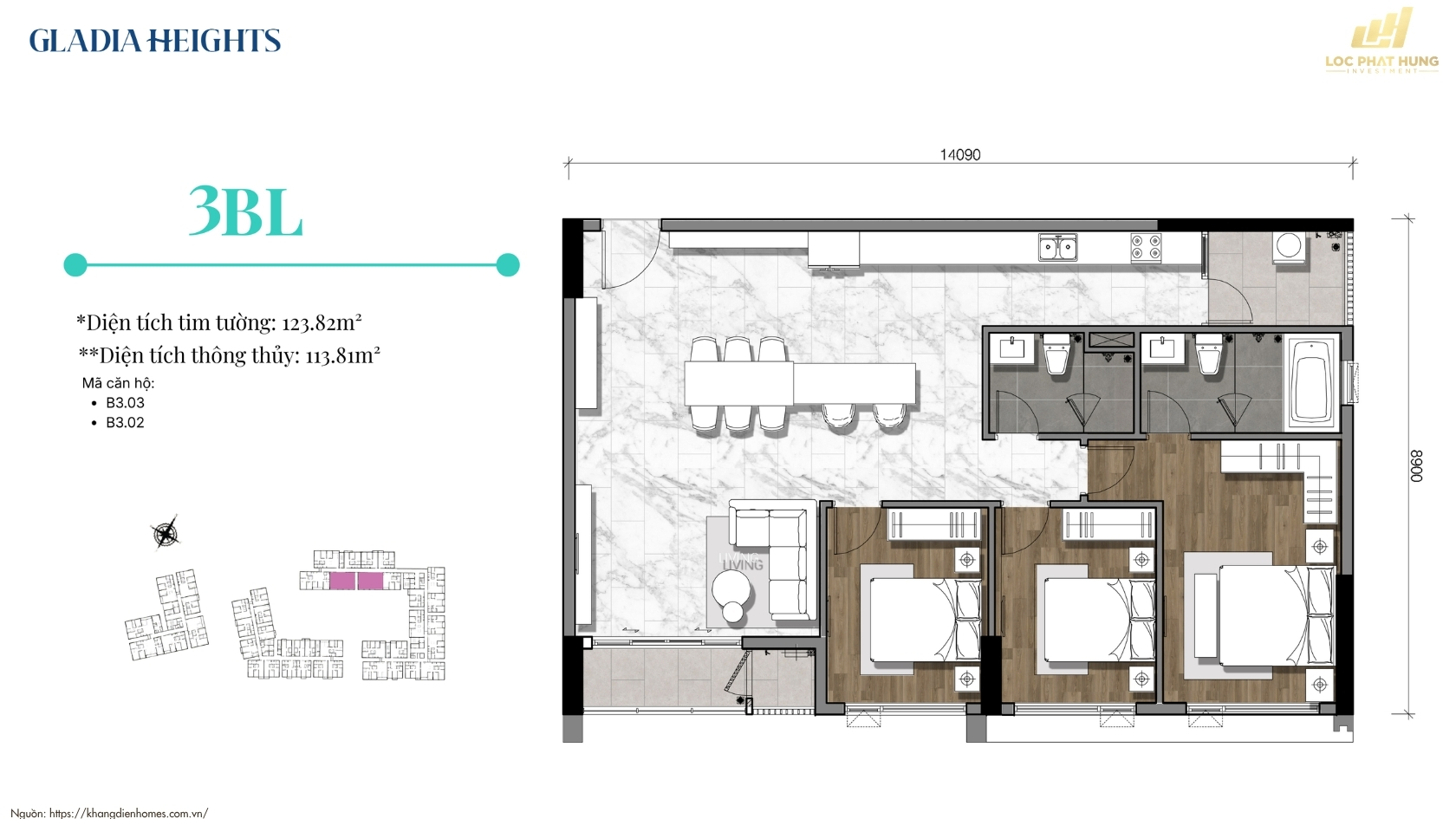 Thiết kế chi tiết căn hộ 3 phòng ngủ dự án Gladia Heights P.Bình Trưng