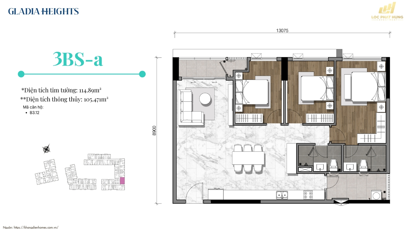 Thiết kế chi tiết căn hộ 3 phòng ngủ dự án Gladia Heights P.Bình Trưng