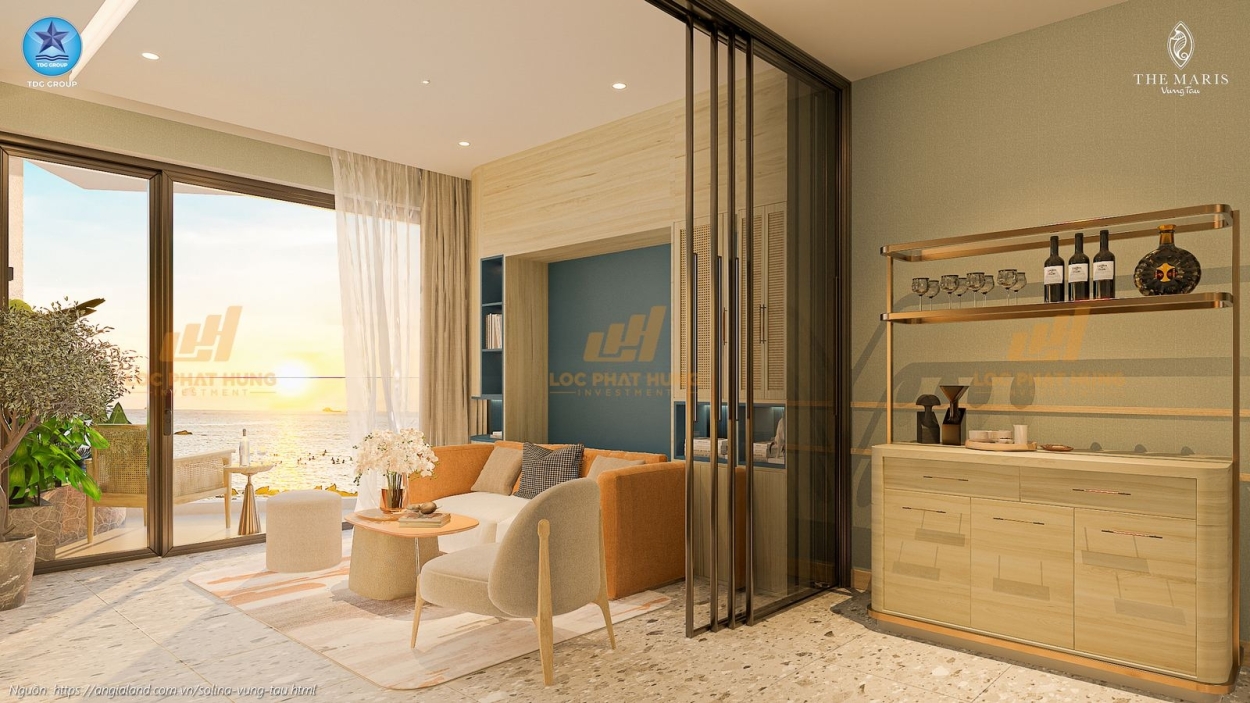 Hình ảnh phòng khách sang trọng tại nhà mẫu căn hộ Solina Vũng Tàu, thiết kế 1PN+ diện tích 70.75m².