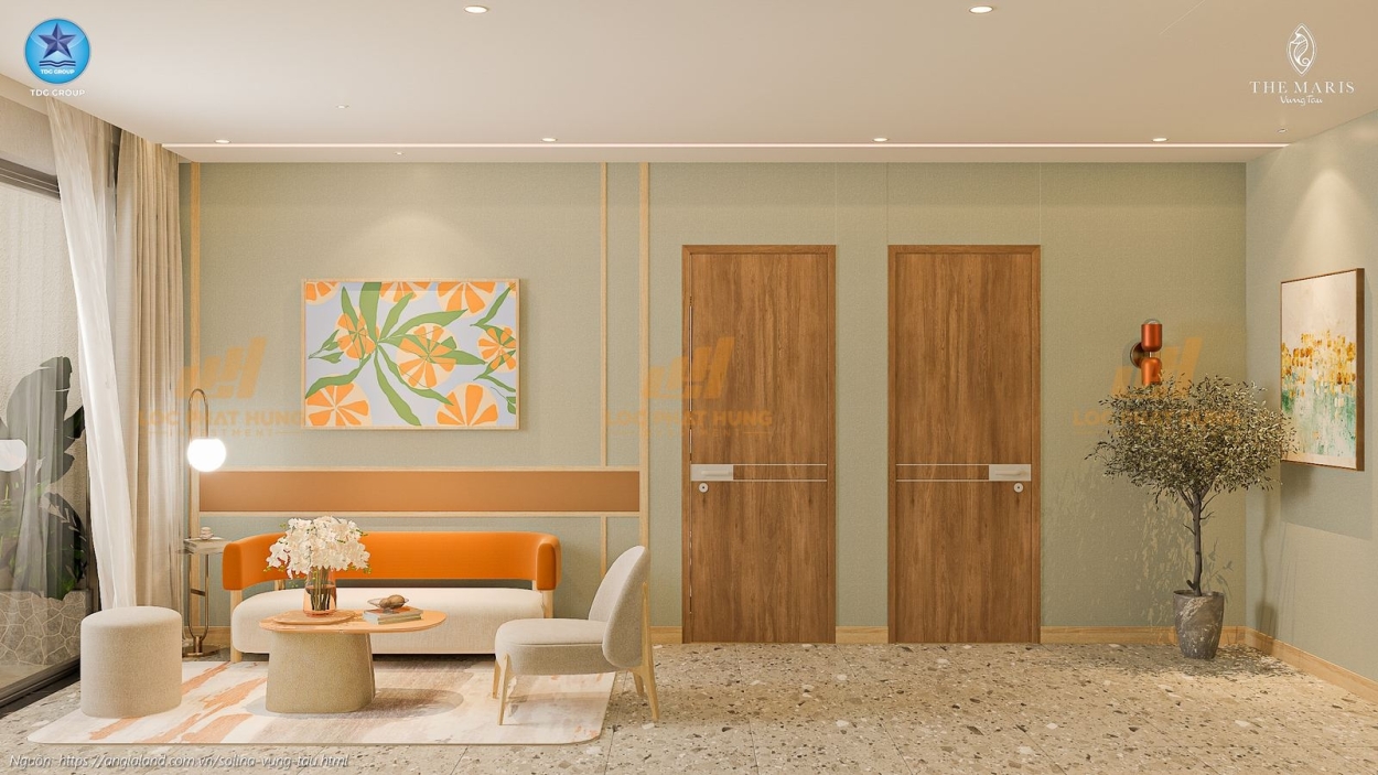 Hình ảnh phòng khách sang trọng tại nhà mẫu căn hộ 2 phòng ngủ Solina Vũng Tàu, diện tích 91.19m².