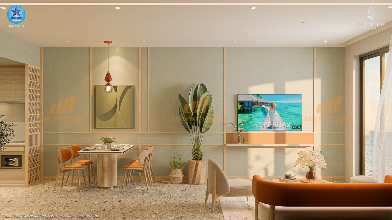 Hình ảnh phòng khách sang trọng tại nhà mẫu căn hộ 2 phòng ngủ Solina Vũng Tàu, diện tích 91.19m².