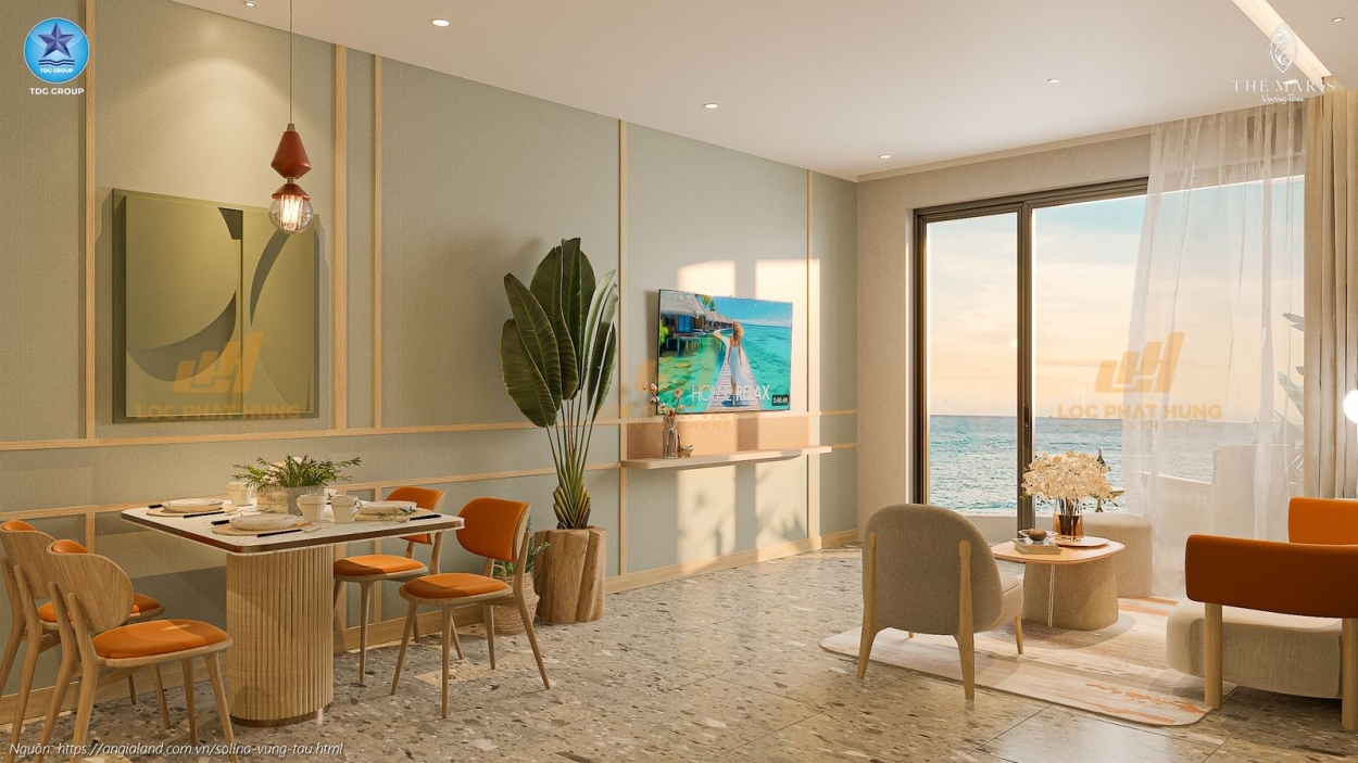 Hình ảnh phòng khách sang trọng tại nhà mẫu căn hộ 2 phòng ngủ Solina Vũng Tàu, diện tích 91.19m².