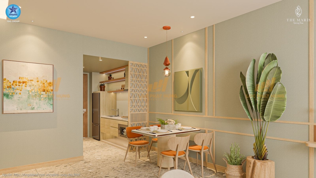 Hình ảnh phòng khách sang trọng tại nhà mẫu căn hộ 2 phòng ngủ Solina Vũng Tàu, diện tích 91.19m².