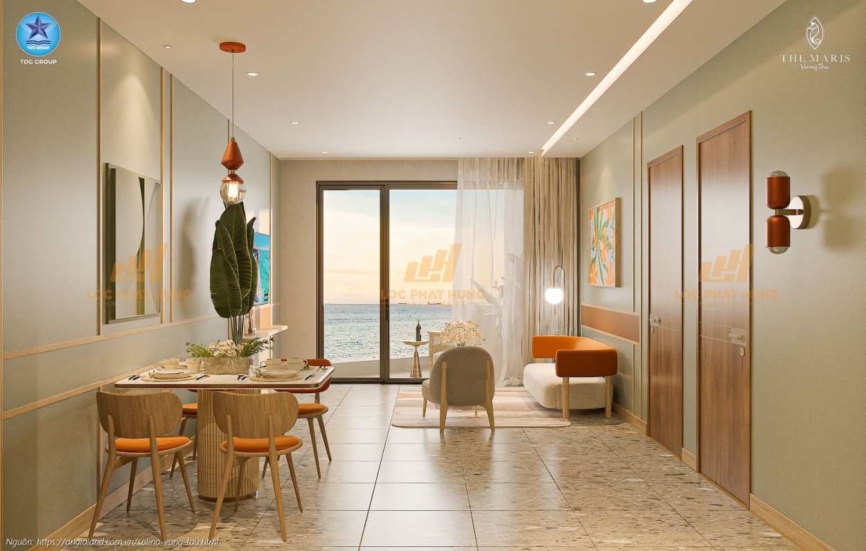 Hình ảnh phòng khách sang trọng tại nhà mẫu căn hộ 2 phòng ngủ Solina Vũng Tàu, diện tích 91.19m².