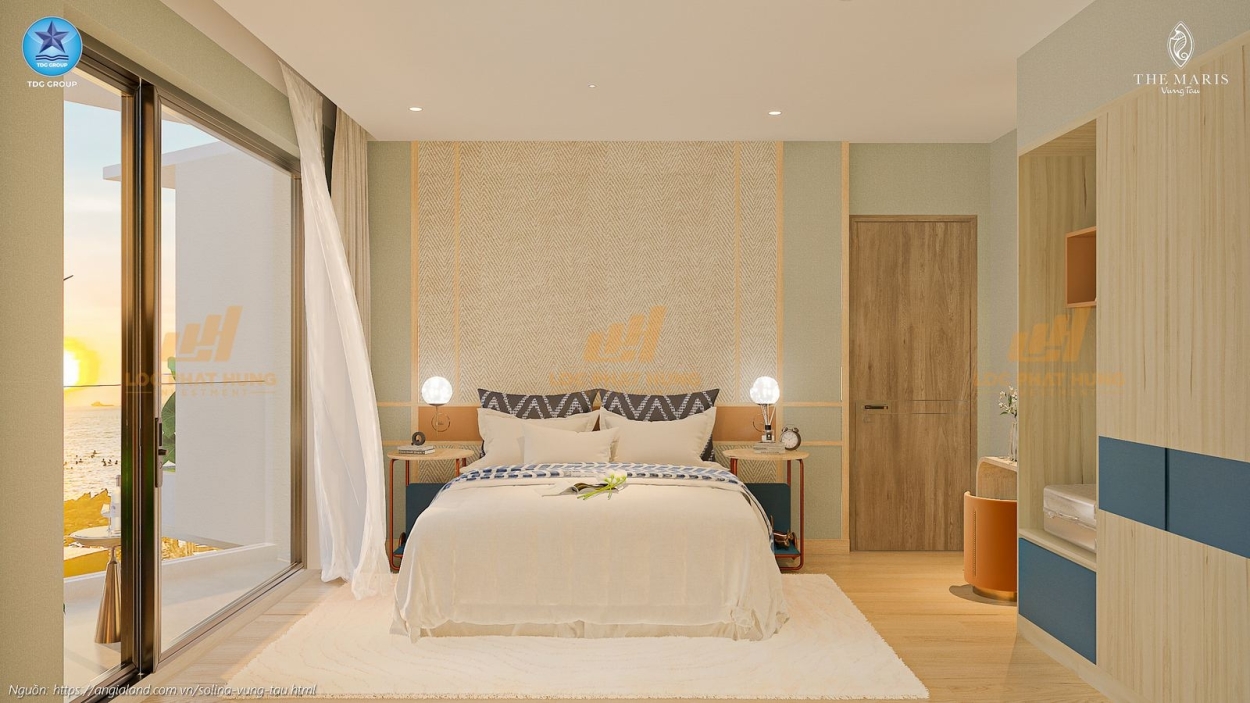 Không gian phòng ngủ master tại nhà mẫu căn hộ Solina Vũng Tàu, loại 1PN+ diện tích 70.75m².