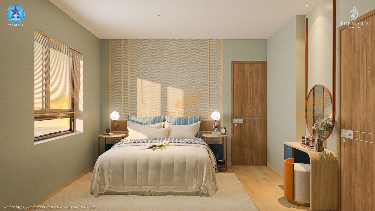 Không gian phòng ngủ master tại nhà mẫu căn hộ Solina Vũng Tàu, loại 2PN diện tích 91.19m².