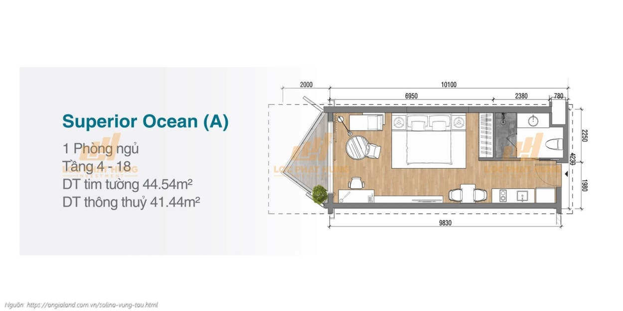 Thiết kế chi tiết căn hộ 1 phòng ngủ Superior Ocean diện tích 44.54m² dự án Solina Vũng Tàu