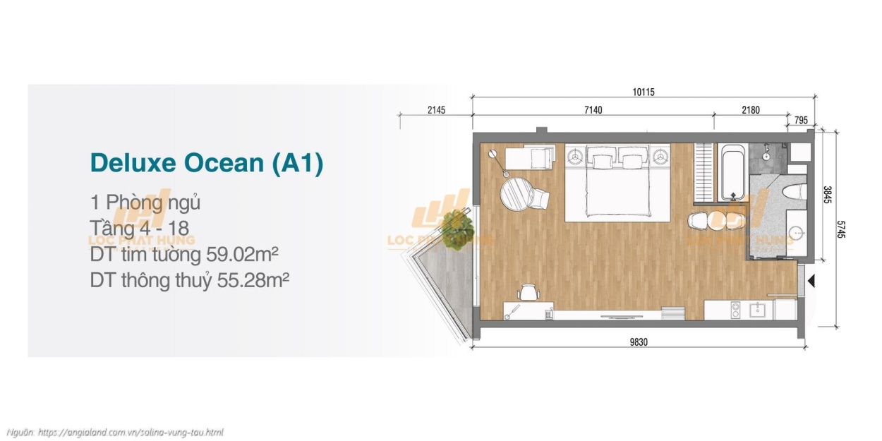 Thiết kế chi tiết căn hộ 1 phòng ngủ Deluxe Ocean diện tích 59.02m² dự án Solina Vũng Tàu