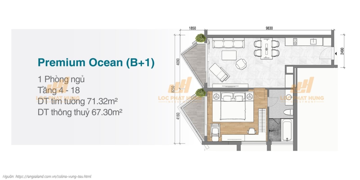 Thiết kế chi tiết căn hộ 1 phòng ngủ + 1 (1PN+1) Premium Ocean diện tích 71.32m² dự án Solina Vũng Tàu