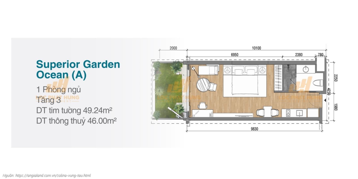 Thiết kế chi tiết căn hộ 1 phòng ngủ sân vườn Superior Garden diện tích 49.24m² dự án Solina Vũng Tàu