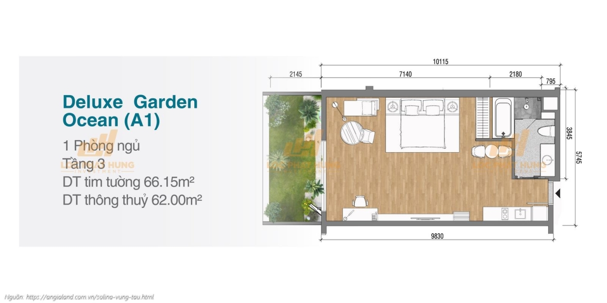 Thiết kế chi tiết căn hộ 1 phòng ngủ sân vườn Superior Garden diện tích 49.24m² dự án Solina Vũng Tàu