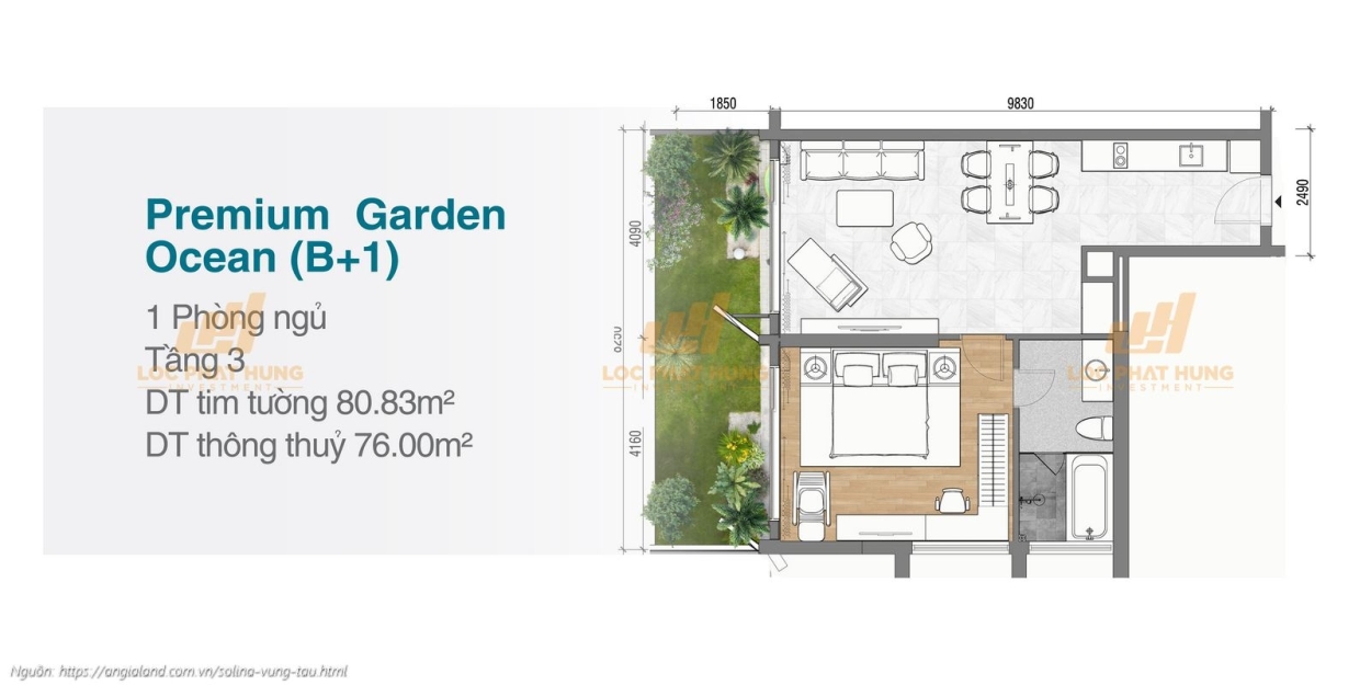 Thiết kế chi tiết căn hộ 1 phòng ngủ sân vườn Premium Garden diện tích 80.83m² dự án Solina Vũng Tàu