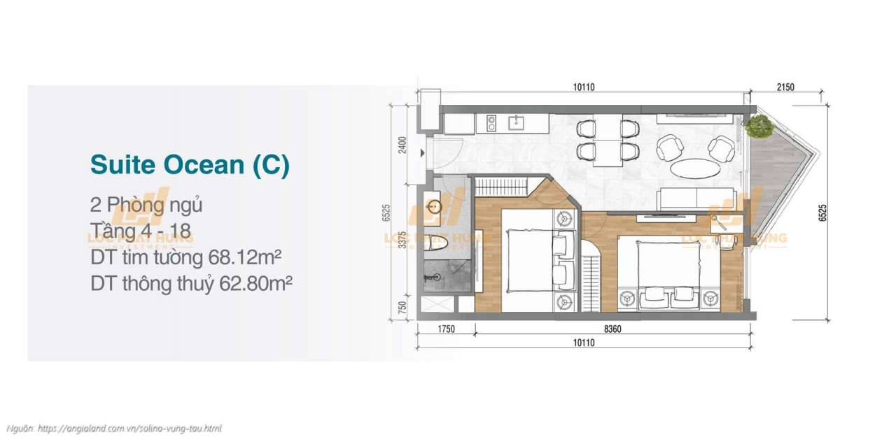 Thiết kế chi tiết căn hộ 2 phòng ngủ Suite Ocean diện tích 68.12m² dự án Solina Vũng Tàu