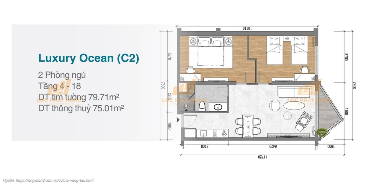 Thiết kế chi tiết căn hộ 2 phòng ngủ Luxury Ocean diện tích 79.71m² dự án Solina Vũng Tàu