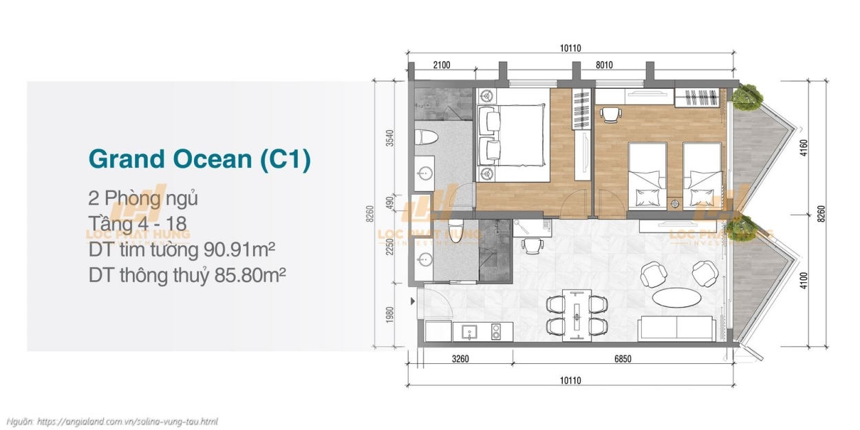 Thiết kế chi tiết căn hộ 2 phòng ngủ Grand Ocean diện tích 90.91m² dự án Solina Vũng Tàu