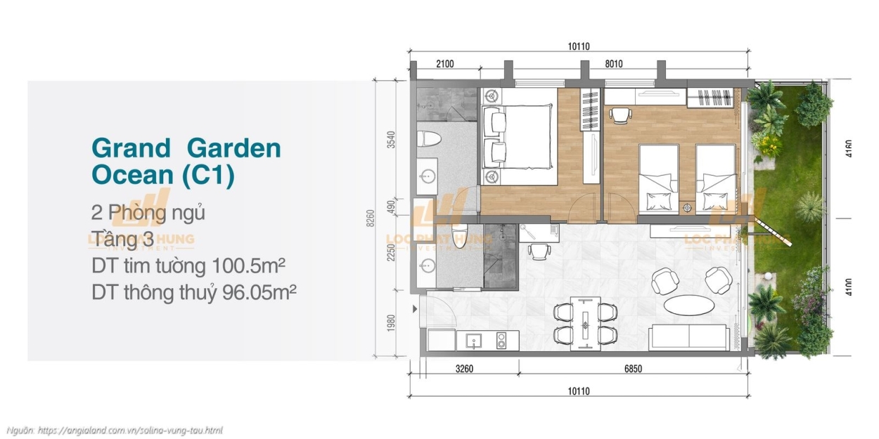 Thiết kế chi tiết căn hộ 2 phòng ngủ sân vườn Grand Garden diện tích 100.5m² dự án Solina Vũng Tàu