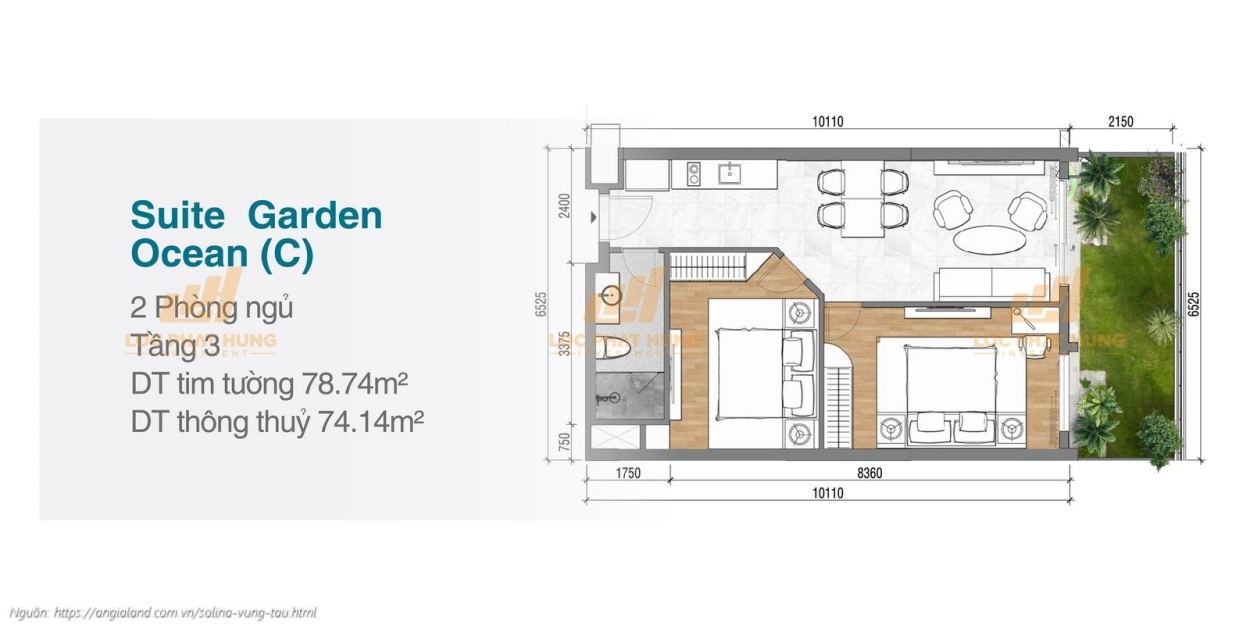 Thiết kế chi tiết căn hộ 2 phòng ngủ sân vườn Suite Garden diện tích 78.74m² dự án Solina Vũng Tàu