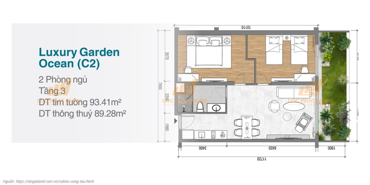 Thiết kế chi tiết căn hộ 2 phòng ngủ sân vườn Luxury Garden diện tích 93.41m² dự án Solina Vũng Tàu