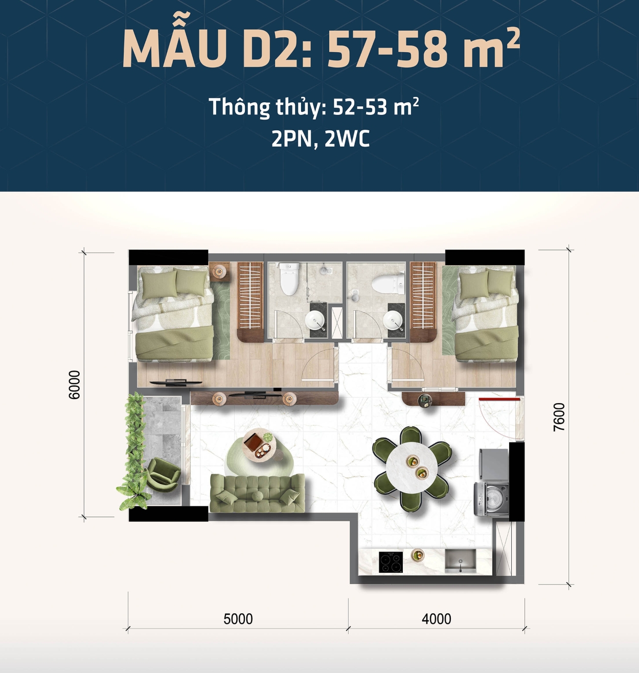 Chi tiết Thiết Kế Bcons Central Park dành cho căn hộ 2 phòng ngủ