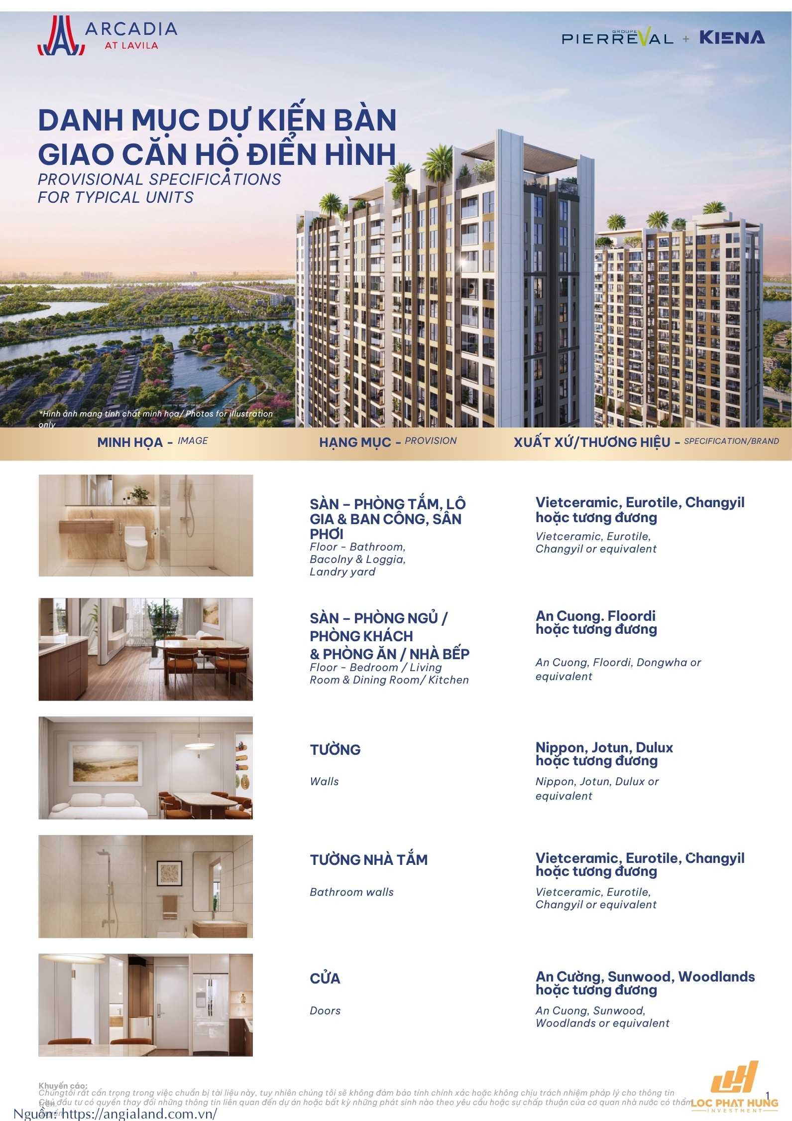 Bảng danh mục vật liệu và trang thiết bị bàn giao cao cấp căn hộ Arcadia at Lavila Nhà Bè