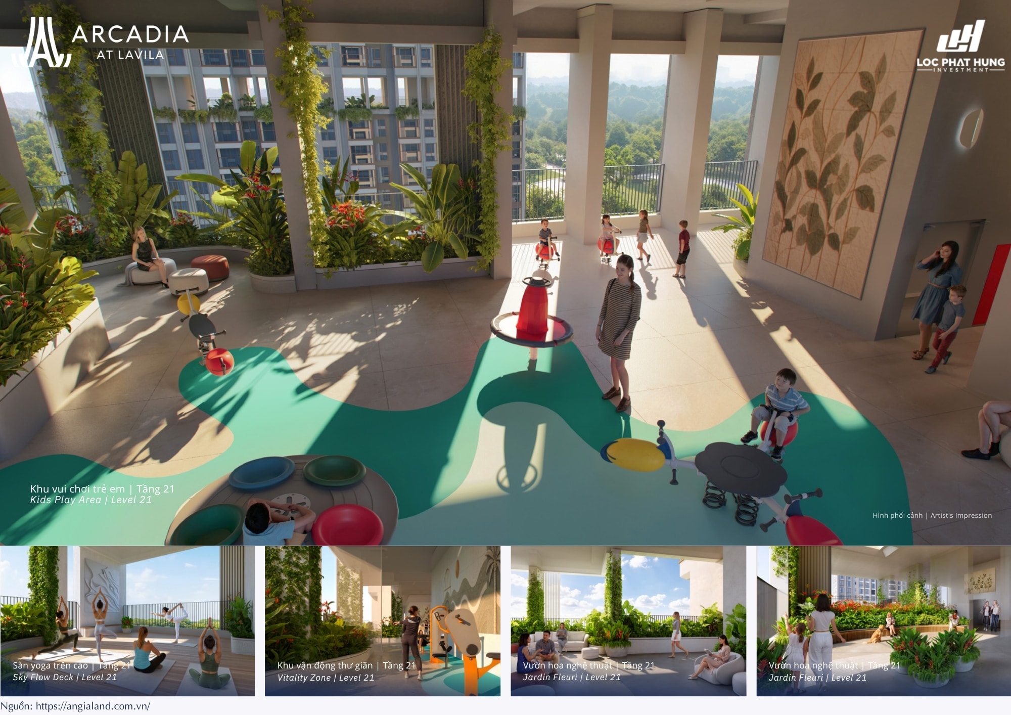 Tiện ích tầng 21 khu vận động thư giãn Vitality Zone và sàn yoga trên cao Sky Flow Deck dự án Arcadia at Lavila Nhà Bè