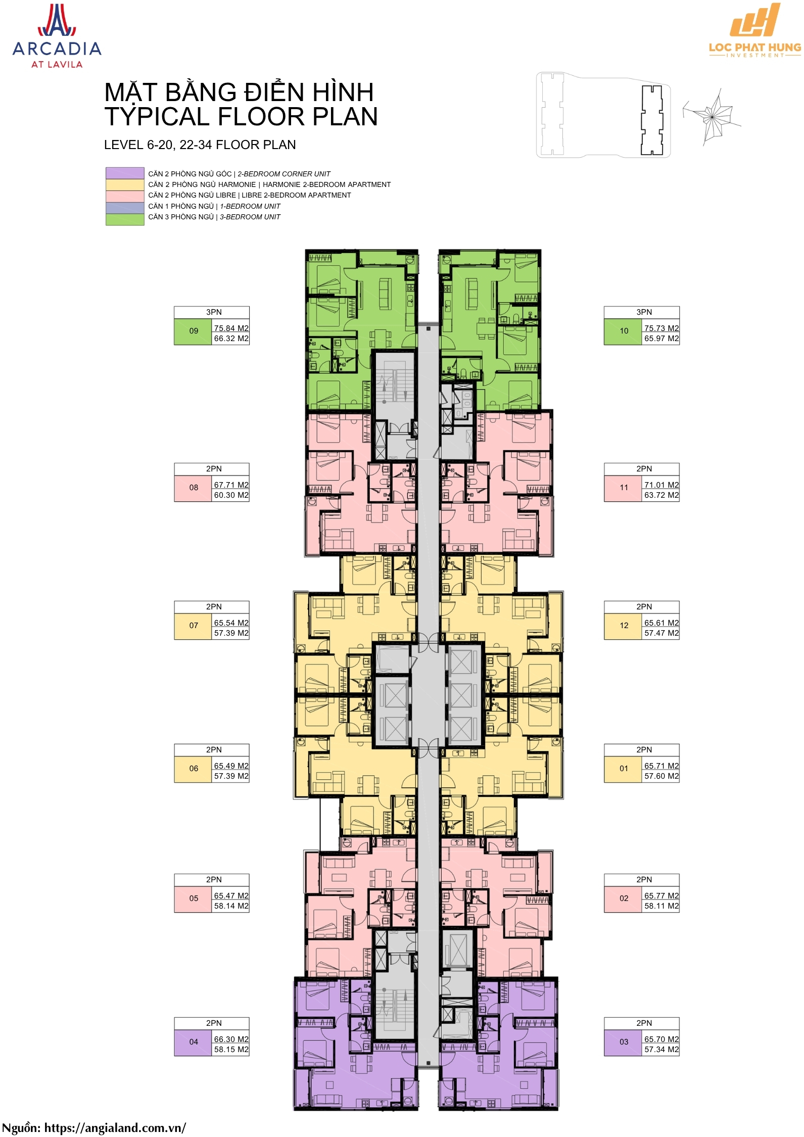 Mặt bằng điển hình tầng 6-20, 22-34 căn hộ chung cư Arcadia at Lavila