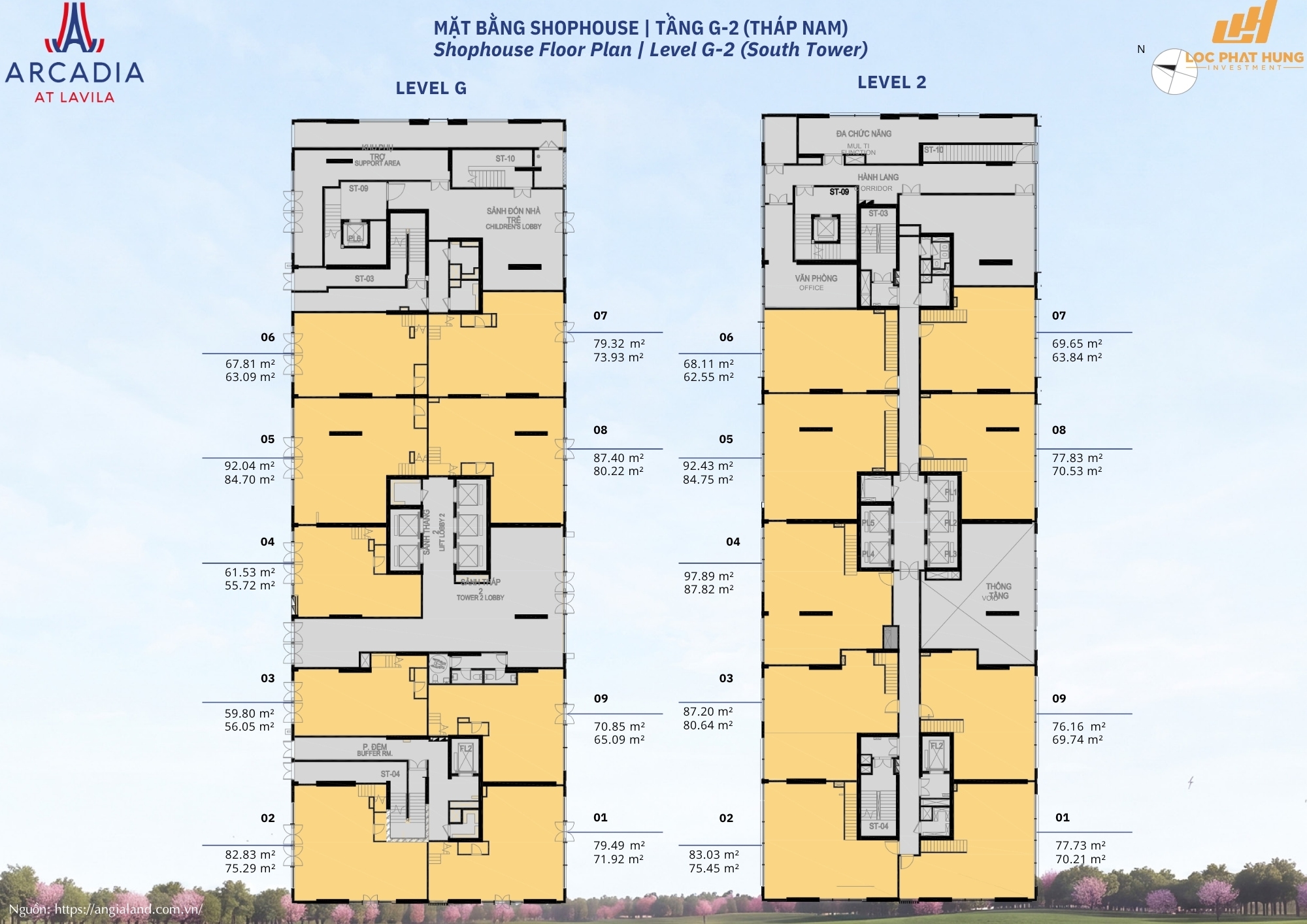 Mặt bằng shophouse khối đế tầng trệt và tầng 2 Tháp Nam dự án Arcadia at Lavila Nhà Bè