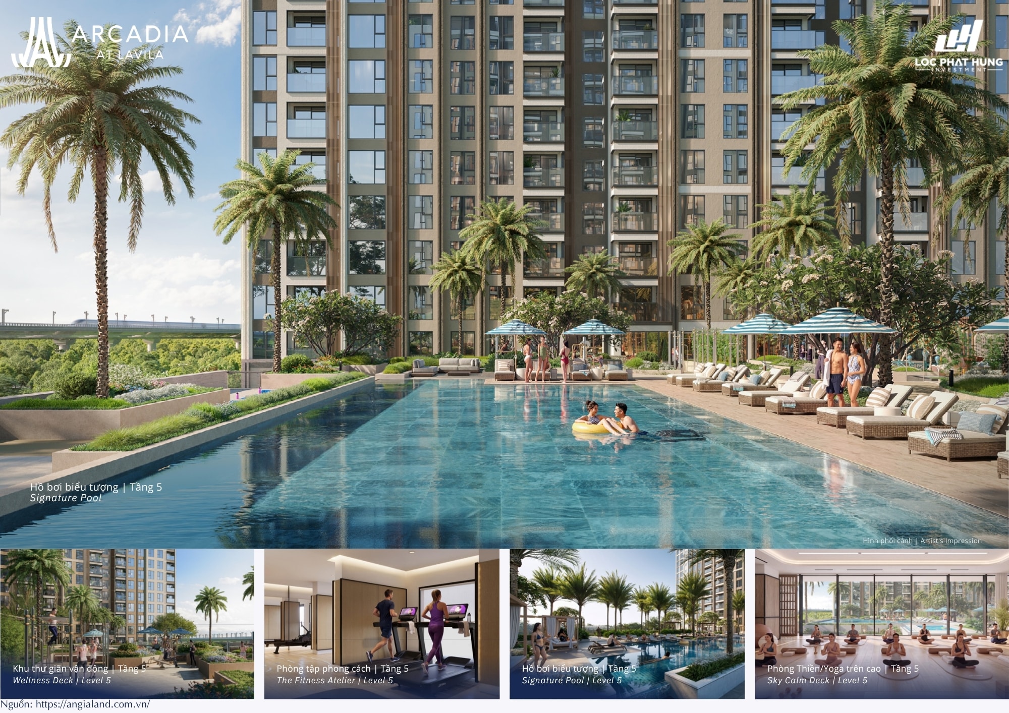 Tiện ích hồ bơi biểu tượng Signature Pool và khu thư giãn vận động tầng 5 dự án Arcadia at Lavila Nhà Bè