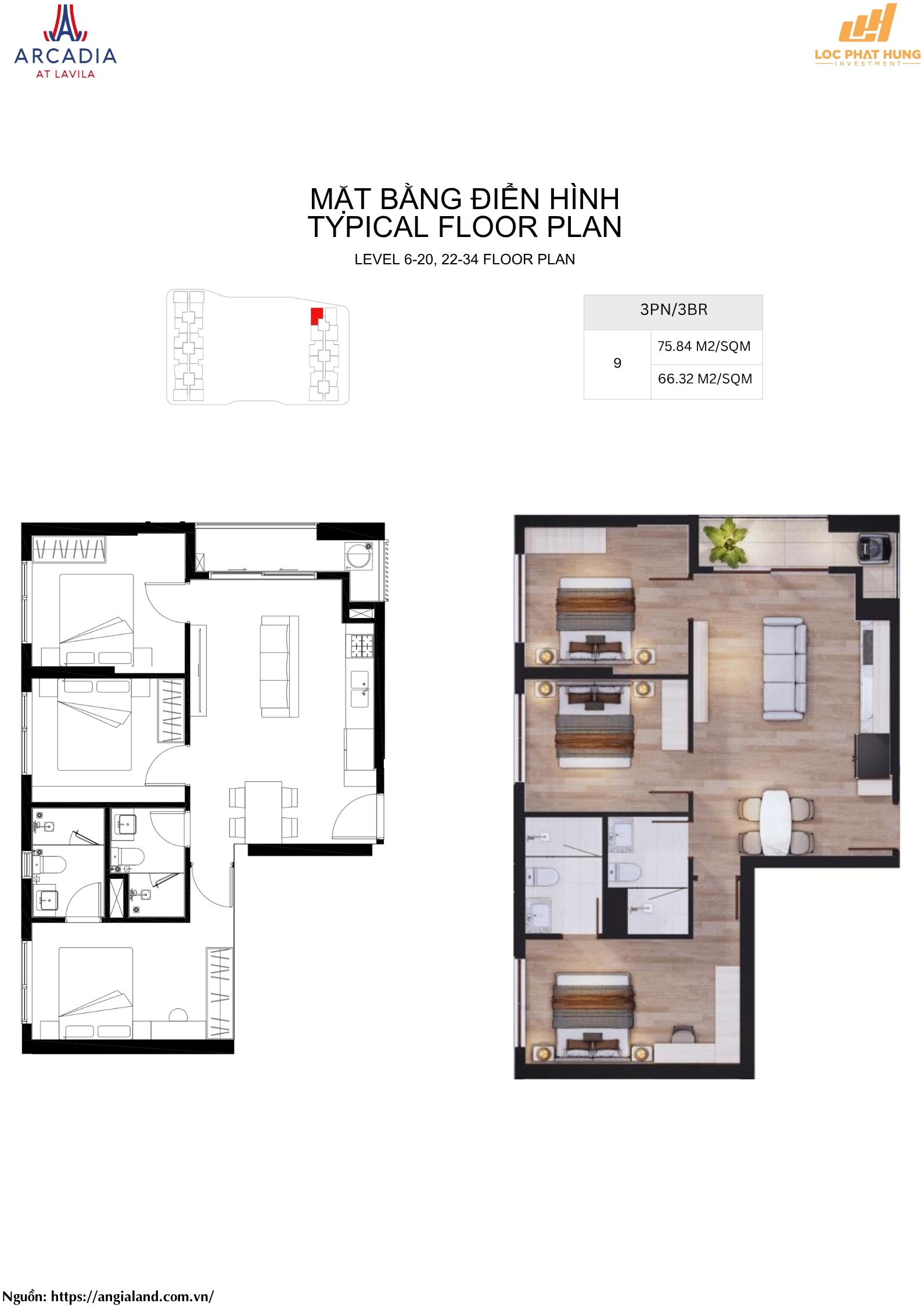 Thiết kế chi tiết căn hộ 3PN chung cư Arcadia at Lavila