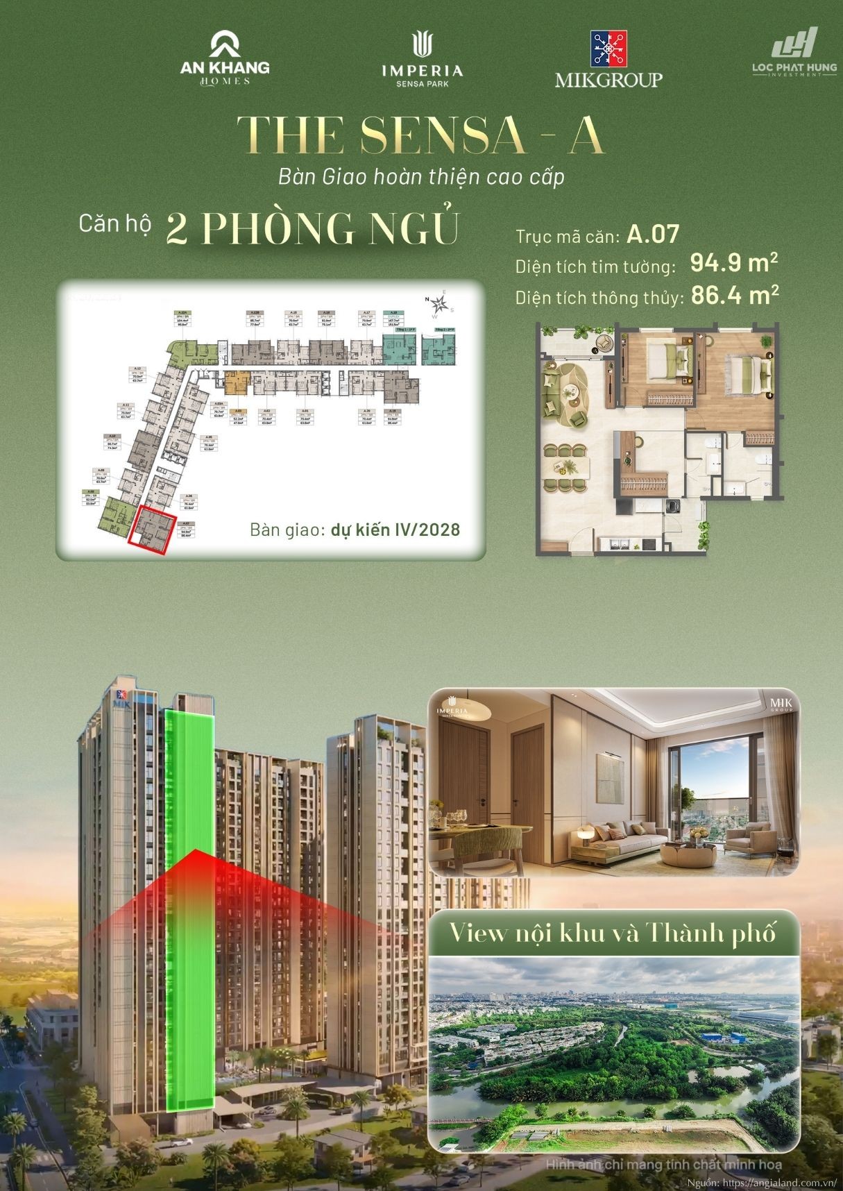 Căn hộ 2 phòng ngủ view nội khu Tháp A tại Imperia Sensa Park