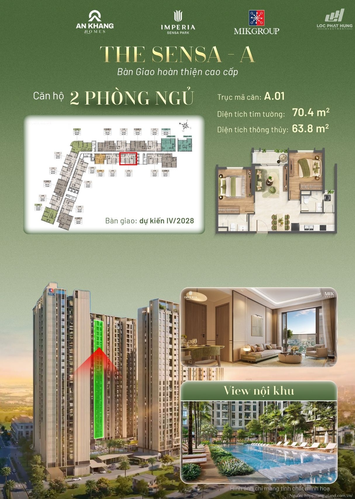 Căn hộ 2 phòng ngủ view nội khu Tháp A tại Imperia Sensa Park