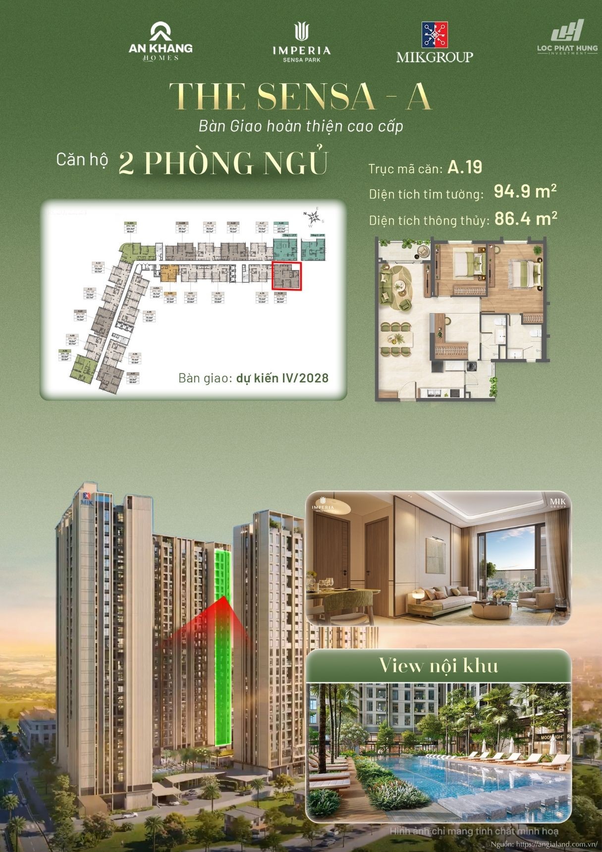 Căn hộ 2 phòng ngủ view nội khu Tháp A tại Imperia Sensa Park