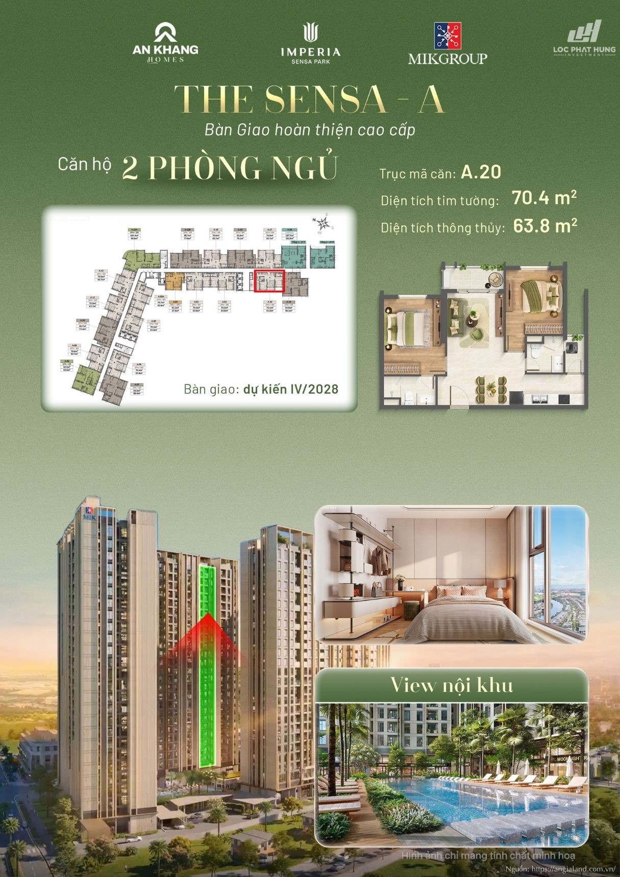Căn hộ 2 phòng ngủ view nội khu Tháp A tại Imperia Sensa Park
