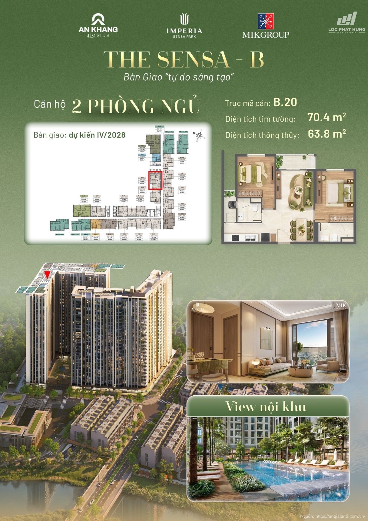Căn hộ 2 phòng ngủ view nội khu Tháp B tại Imperia Sensa Park