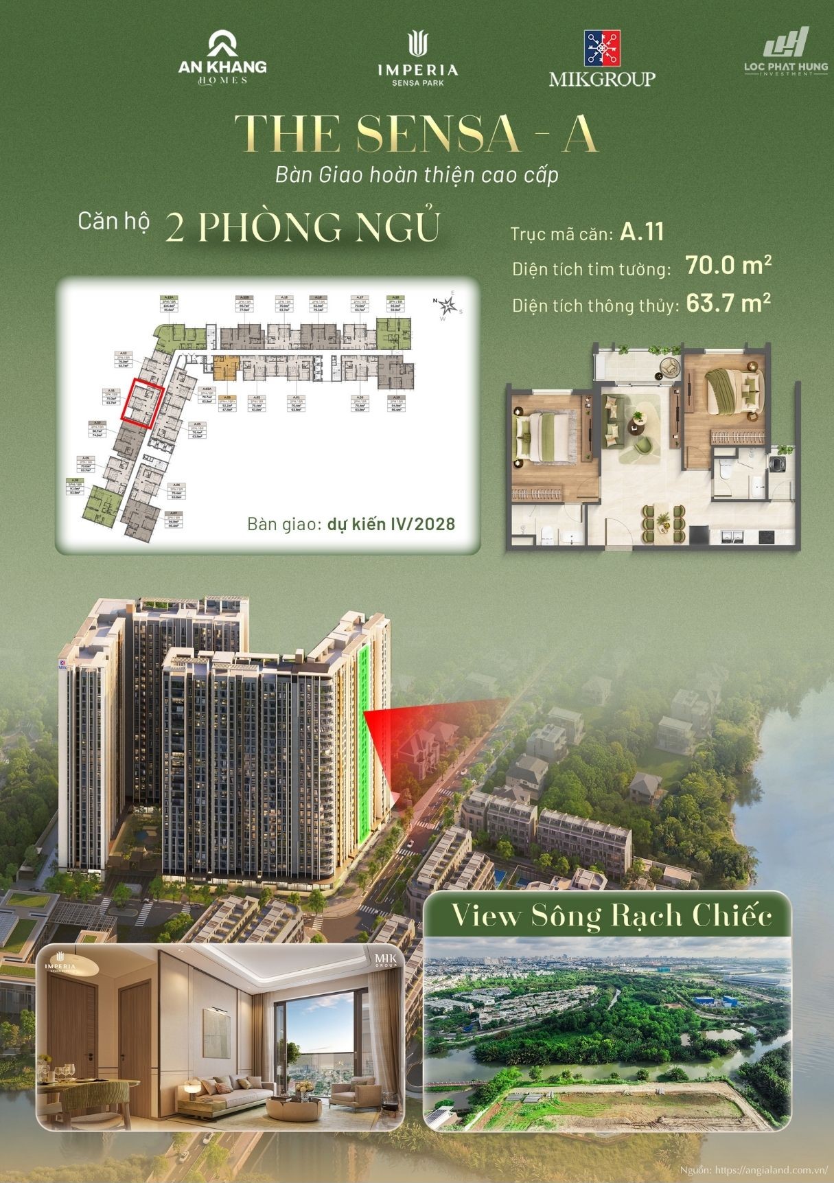 Căn hộ 2 phòng ngủ view sông Rạch Chiếc Tháp A tại Imperia Sensa Park