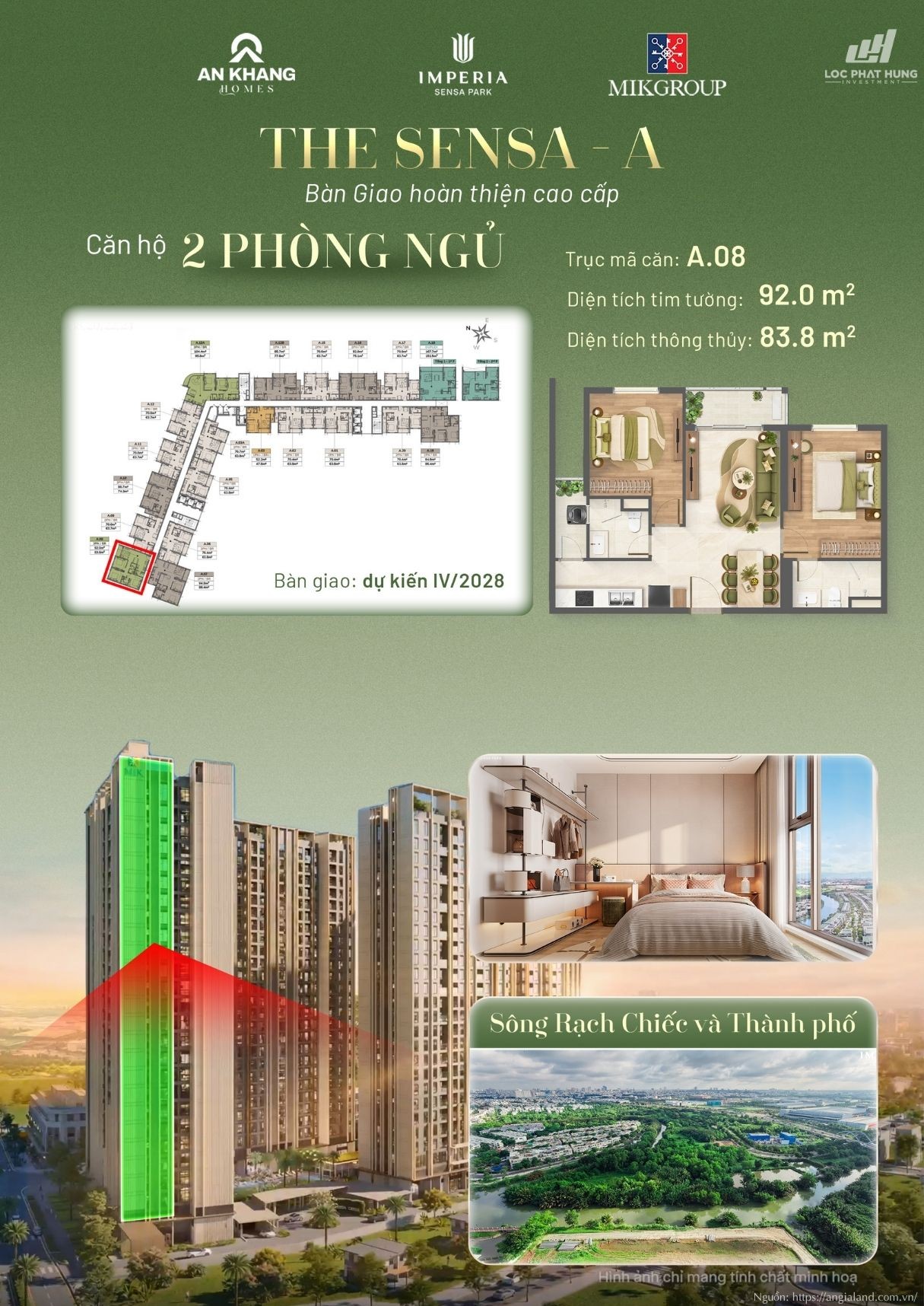 Căn hộ 2 phòng ngủ view sông Rạch Chiếc Tháp A tại Imperia Sensa Park