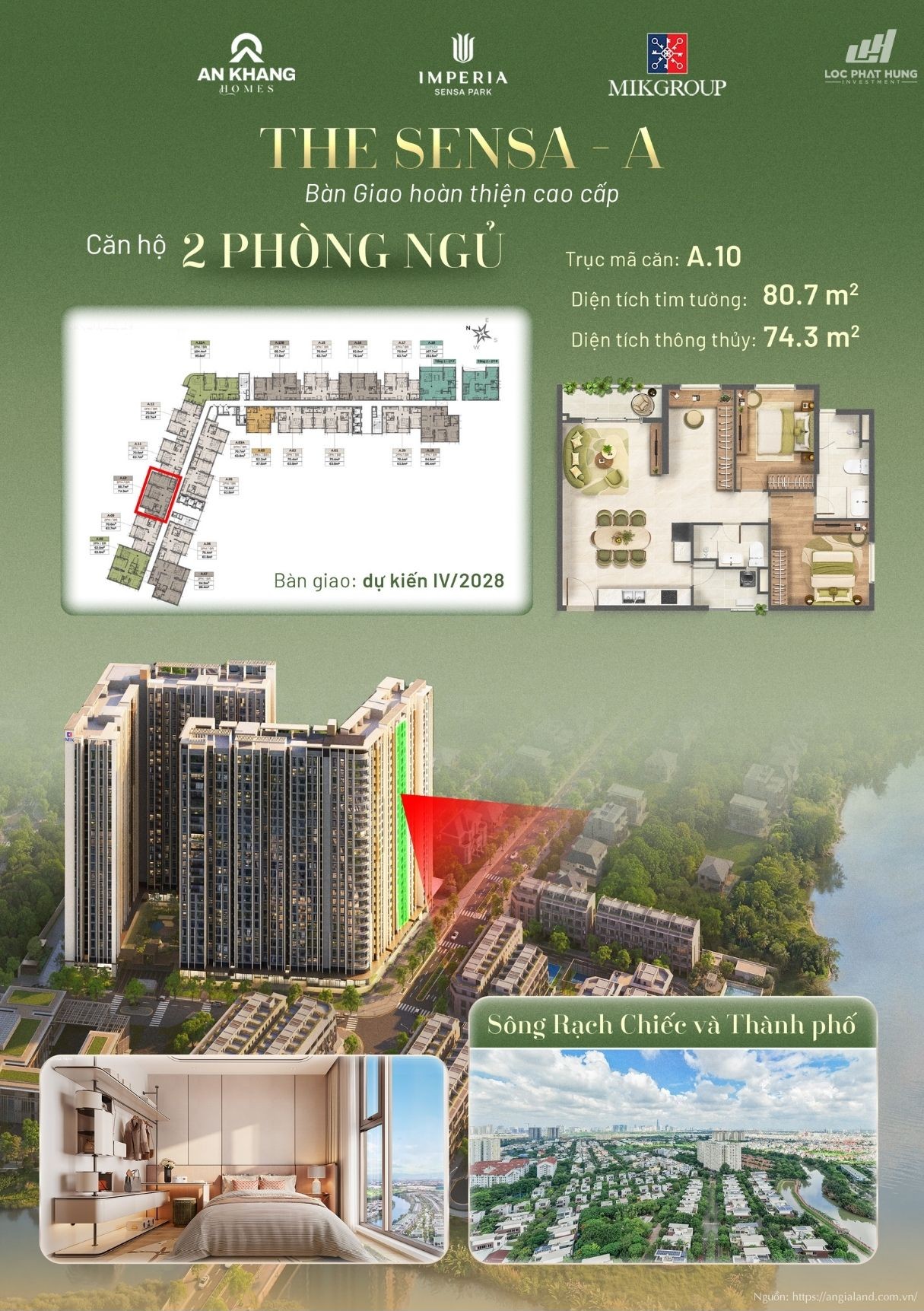 Căn hộ 2 phòng ngủ view sông Rạch Chiếc Tháp A tại Imperia Sensa Park