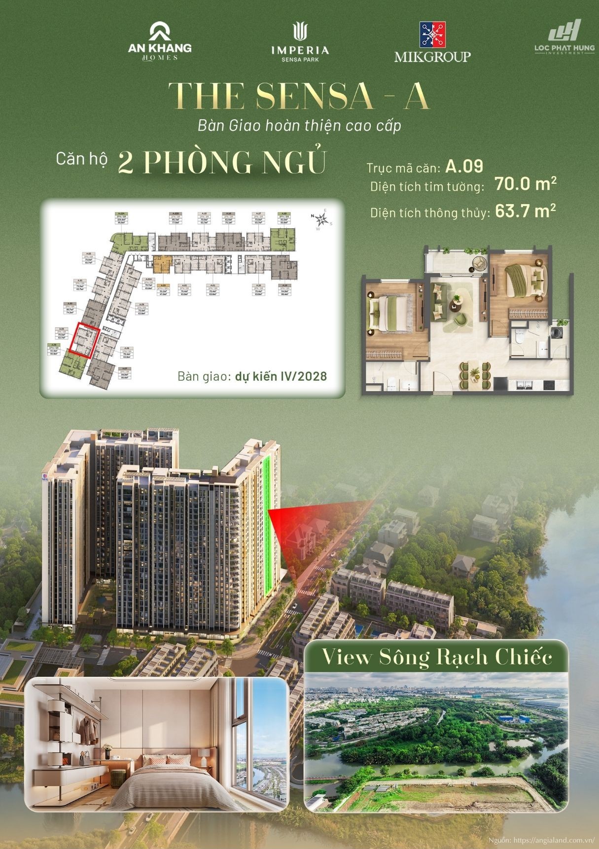 Căn hộ 2 phòng ngủ view sông Rạch Chiếc Tháp A tại Imperia Sensa Park