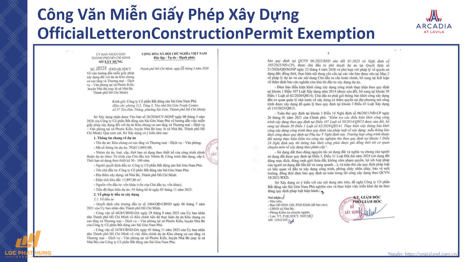 Công văn miễn giấy phép xây dựng chính thức của dự án Arcadia At Lavila