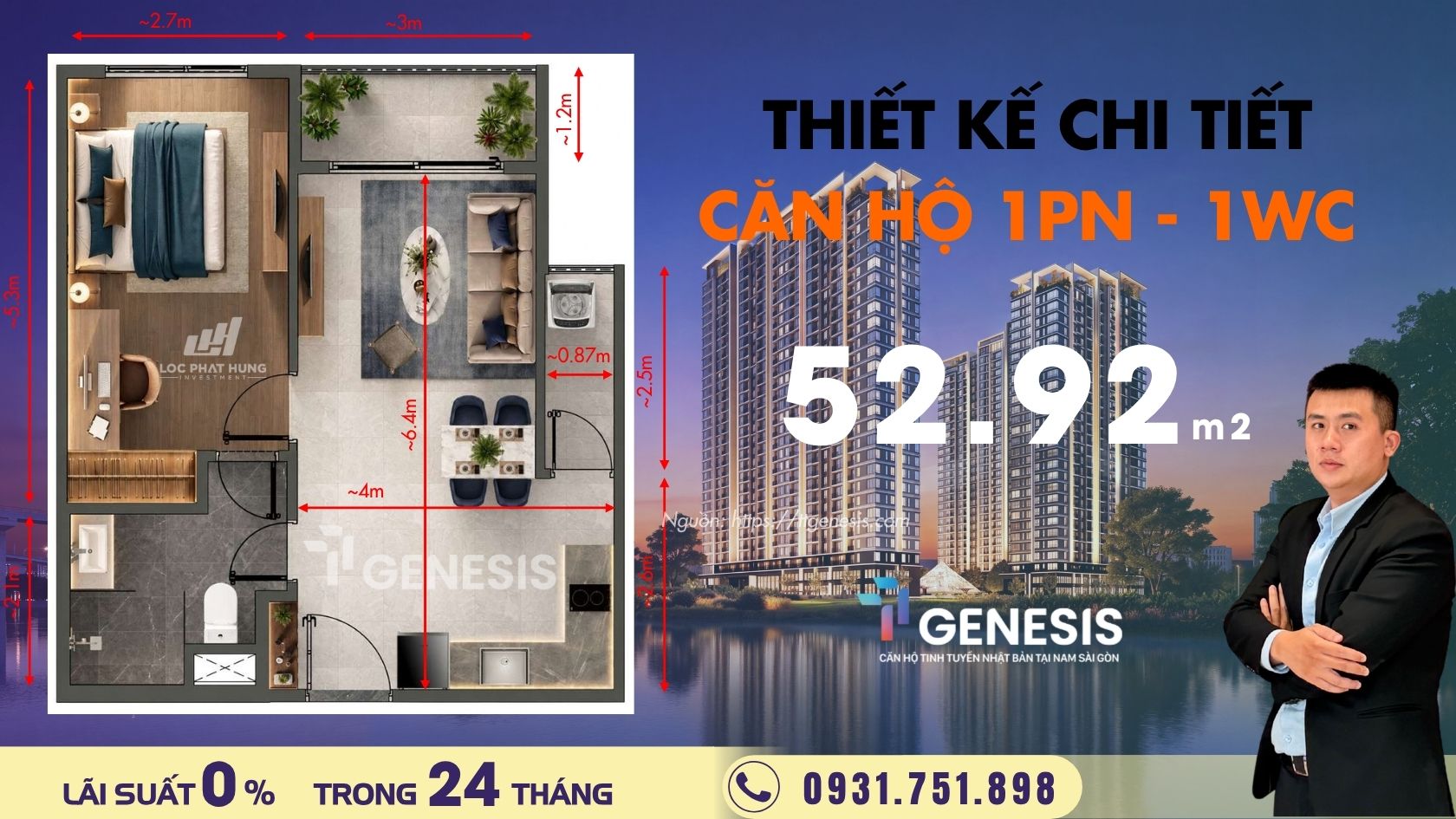 Thiết kế chi tiết căn hộ 1 Phòng Ngủ TT Genesis