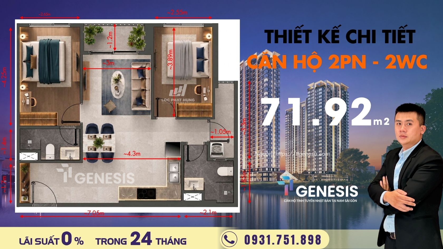 Thiết kế chi tiết căn hộ 2 phòng ngủ TT Genesis