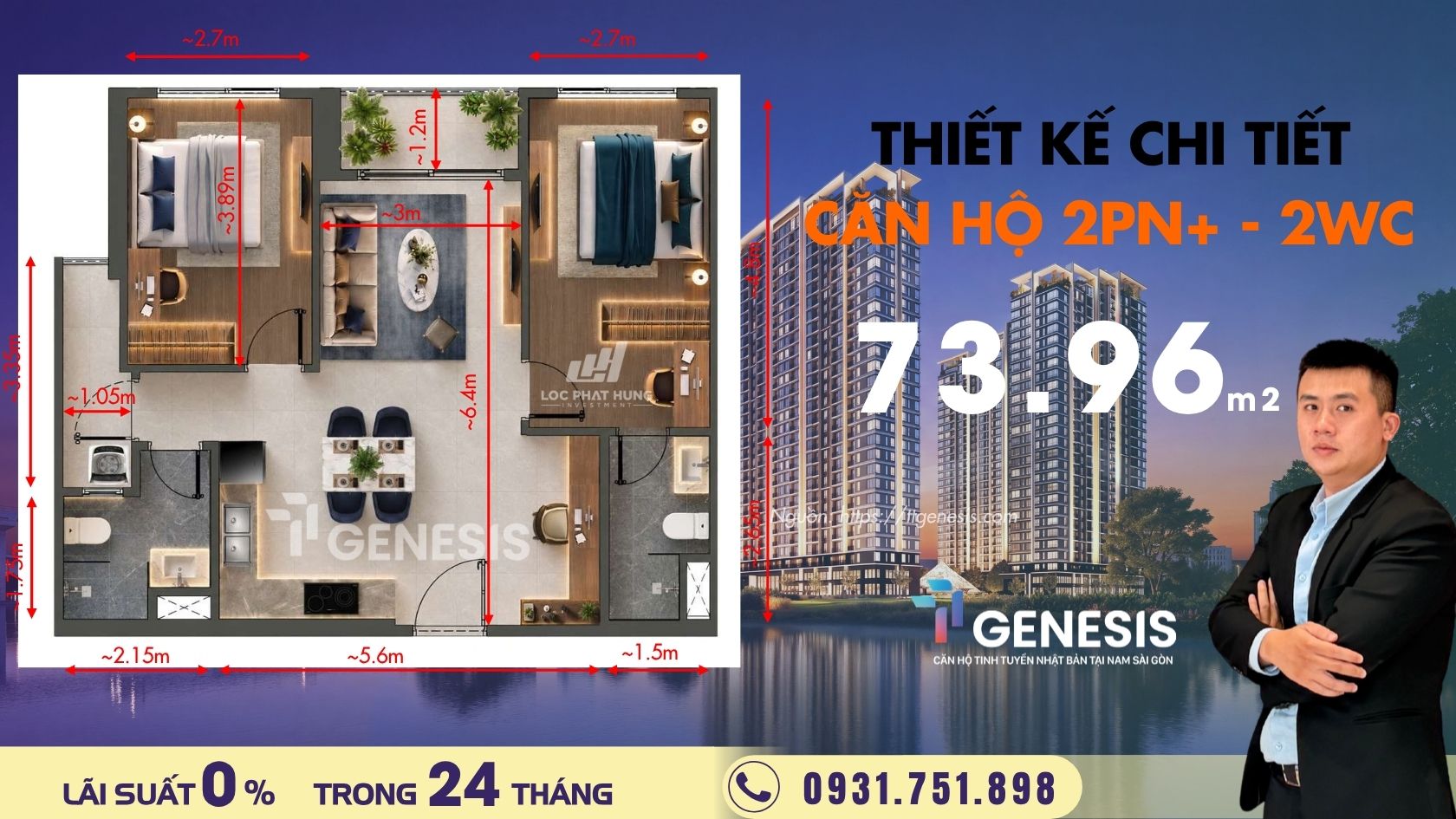 Thiết kế chi tiết căn hộ 2 phòng ngủ TT Genesis